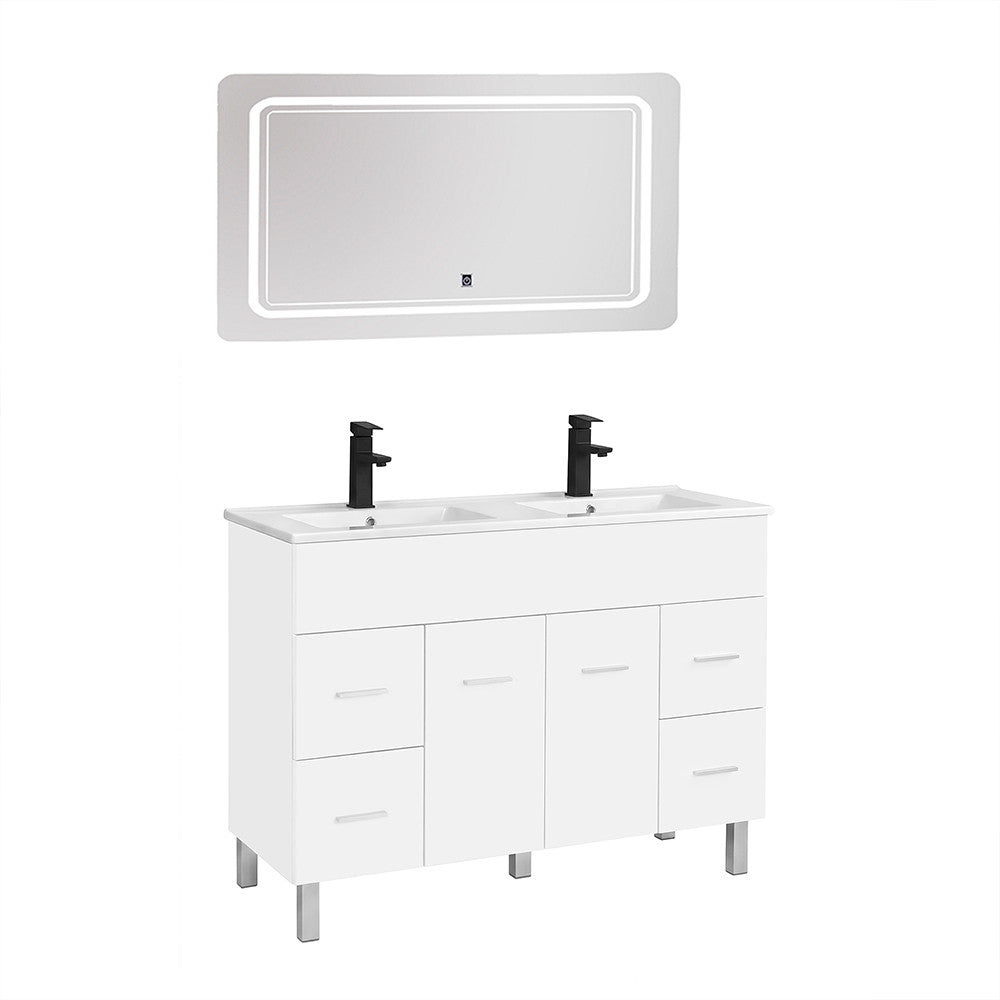 Komplett fürdőszoba bútor, fehér, dupla kerámia mosdóval és LED-es tükörrel - Homelux, NEOVIS120FF