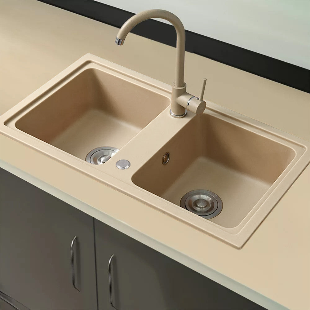 Tia quadratisches Waschbecken mit zwei Becken aus Granit mit Siphon beige Sekundäres Bild